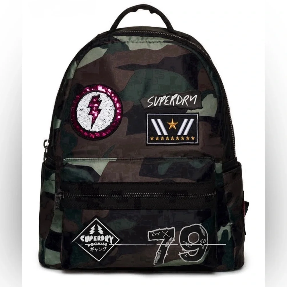 Superdry Green Camouflage Backpack with Patches, SuperDry Midi Backpack